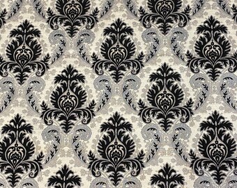 Black Silver Santamon Chenille Fabric Damask Print upholstery furniture fabric by the yard