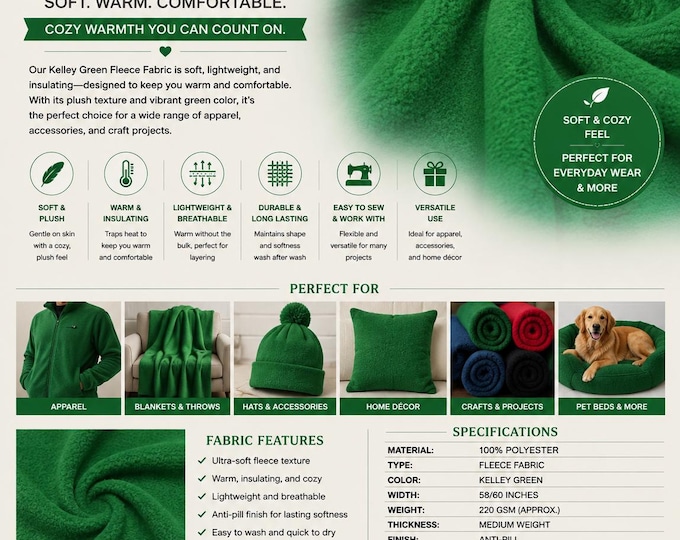 Fleece Solid, Fabric  Kelly Green Sold By The Yard 60" Wide
