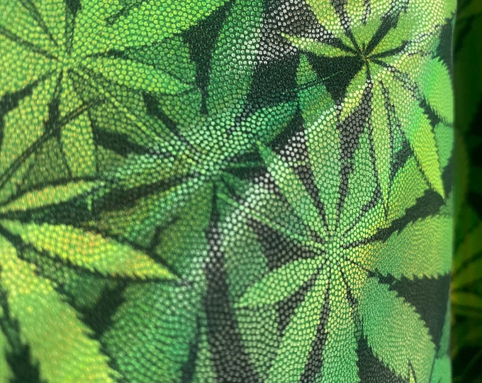 Mystique hologram Green spandex  FLOWER  (PLANT) leaves print sold by the yard