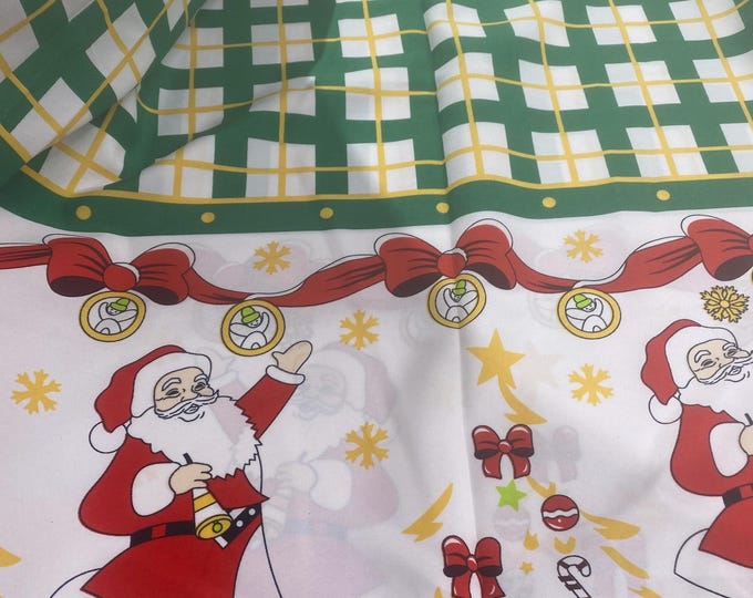Santa Claus Christmas checkered Polyester Poly poplin tablecloth, linens, Fabric By The Yard 58"/60