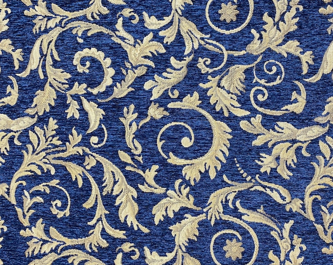 Navy Saxon leaf chenille Upholstey drapery and much more fabric by the yard