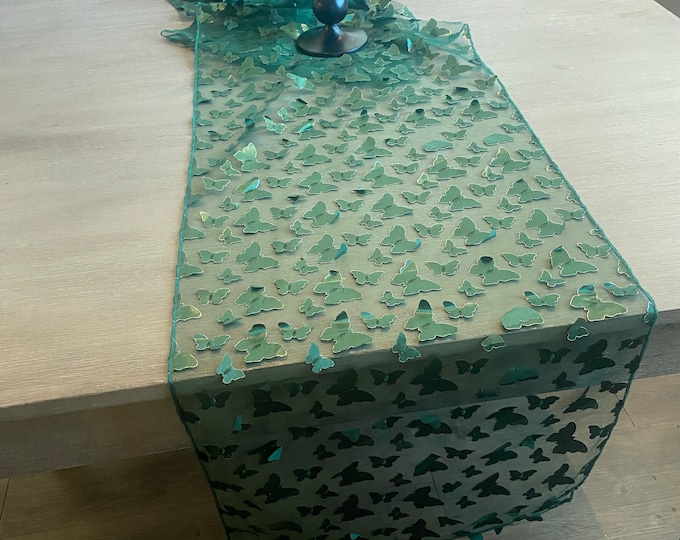 15"x108” Green 3D butterfly mesh, baby shower, bridal party, mantel table runner - wedding birthday party linen