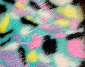 58"  Wide pastel Patch colored faux fur, shaggy soft, colorful Upholstery Fabric by the yard