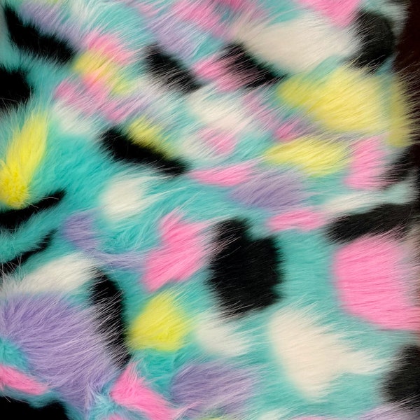 58"  Wide pastel Patch colored faux fur, shaggy soft, colorful Upholstery Fabric by the yard