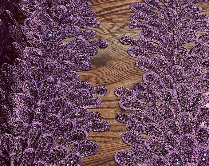 Purple peacock sequin gem beaded on mesh, sold by the PANEL - prom, wedding, pageant, costume