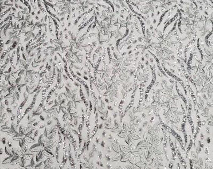 Silver stars Sequin Lace Fabric Embroidered on Mesh w Sequins  Dress Gown Prom Dress Costume Lace DIY Sold BTY