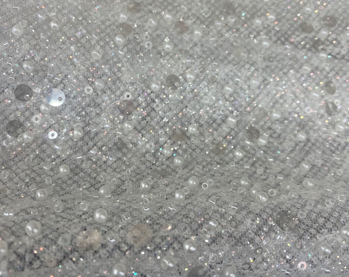 White Beaded Sequins and Pearls Fabric | Luxury Bridal Dress Fabric | Wedding Gown, Veil, Evening Wear, Decoration