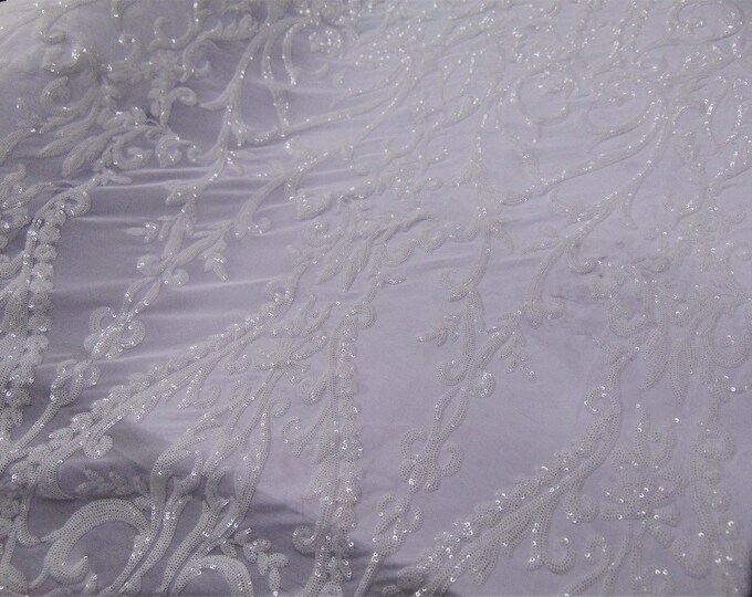 Victorian  SWEETHEART Damask 4-Way Stretch Mesh Lace WHITE Tiny Sequin Fabric 56" Sold By the Yard, Regency, Edwardian, Red Carpet,