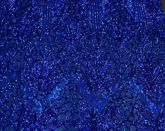 Sequin royal on blue mesh, 4-way Stretch, Fabric 54" Sold By the Yard