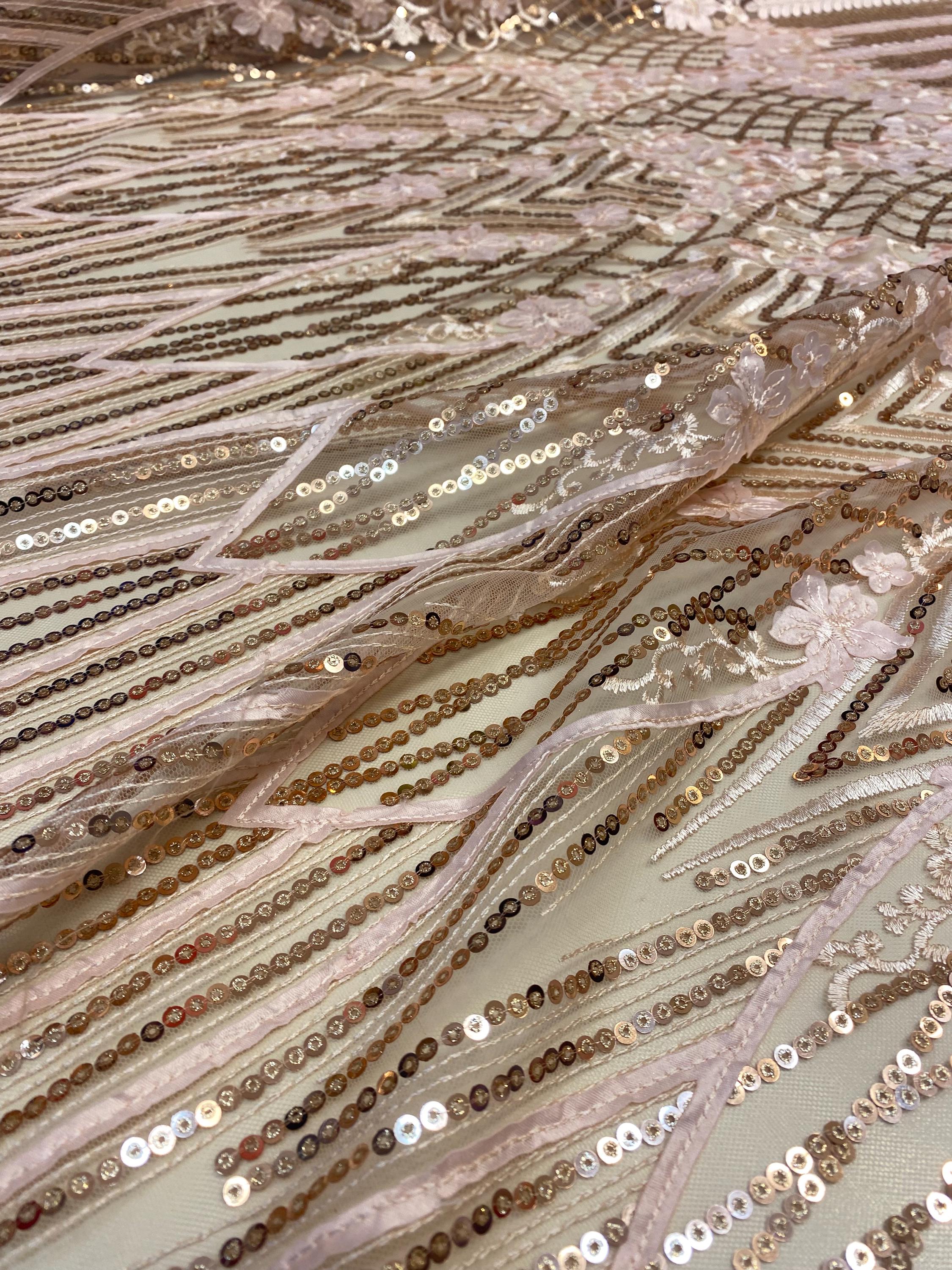 Gold 3D Floral Sequin Lace Fabric on Mesh – Wedding Dress Lace • Bridal ...