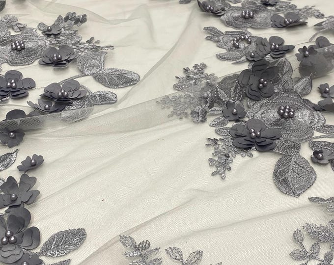 Gray 3d floral design ,embroider with pearls mesh lace scalloped, sold by the yard 54” wide