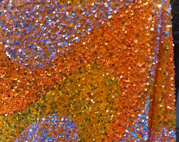 Orange Sequins Velvet Wave | Sequins on Spandex Velvet | 60" Wide | Tone Sequins Velvet