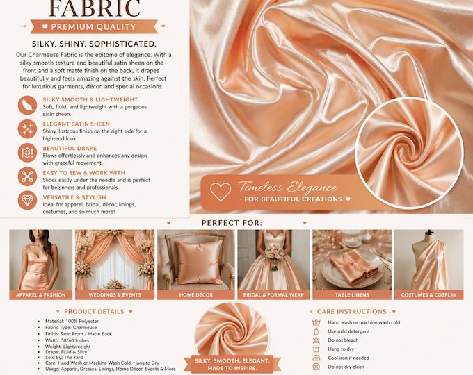 Peach charmeuse silky soft polyester fabric  60" wide