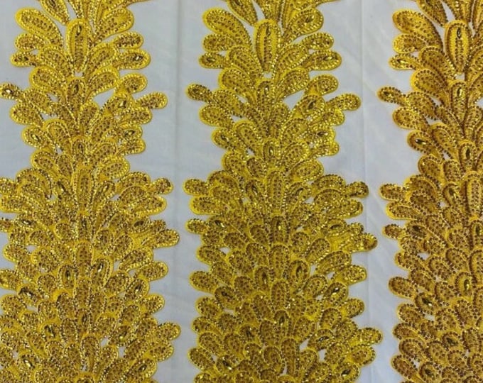 Yellow peacock sequin gem beaded on mesh, sold by the PANEL