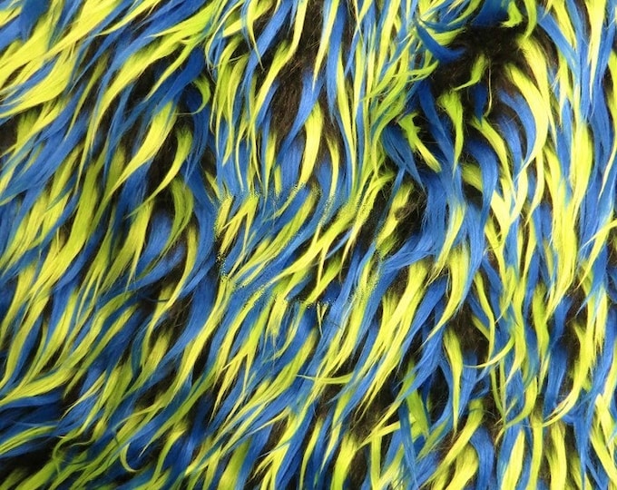58"  Wide Fur faux, Black lime blue spike Upholstery Fabric by the yard