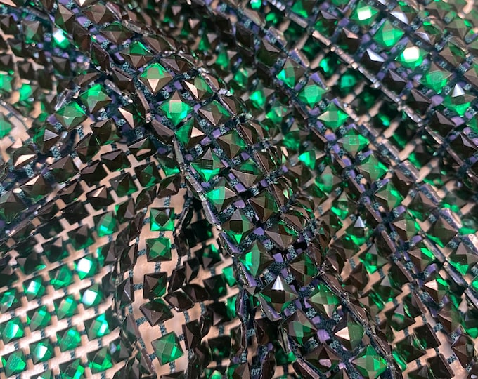 Emerald Diamond Rhinestone Mesh Fabric – Sparkly Crystal Net Fabric by the Yard for Costumes, Dancewear, Gowns, DIY Crafts