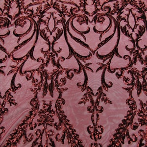Victorian  SWEETHEART Damask 4-Way Stretch Mesh Lace BURGUNDY Tiny Sequin Fabric 56&quot; Sold By the Yard, Regency, Edwardian, Red Carpet,