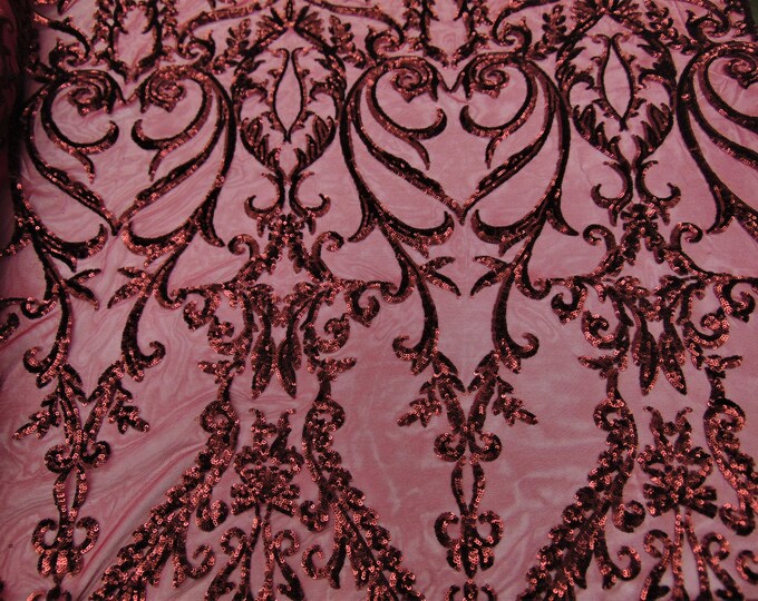 Victorian  SWEETHEART Damask 4-Way Stretch Mesh Lace BURGUNDY Tiny Sequin Fabric 56" Sold By the Yard, Regency, Edwardian, Red Carpet,