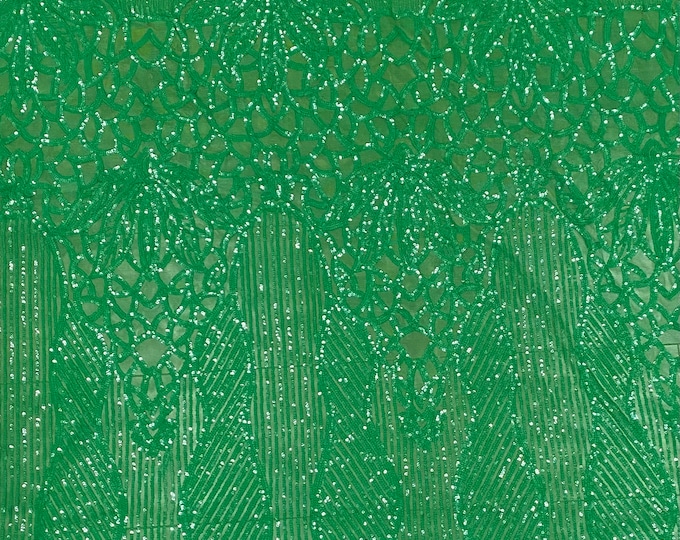 Sequin kelly green on green mesh , 4-way Stretch, Fabric 54" Sold By the Yard, Wedding, Prom, Dresses, Lingerie, Pageant