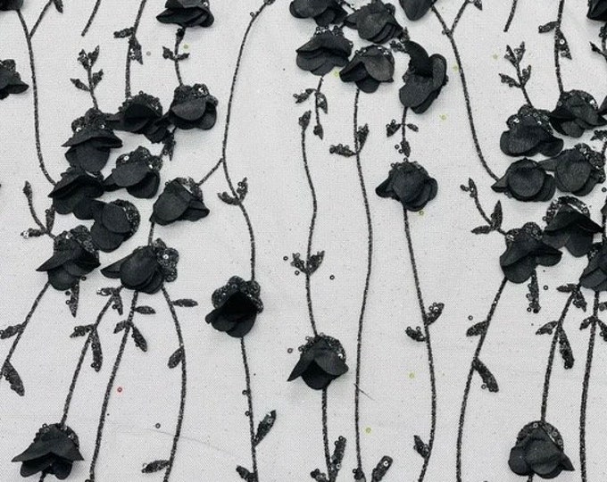 Black 3d satin flower glitter sequin fabric prom wedding apparel fashion