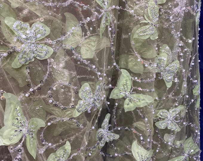 Sage 3D butterfly embroider with beaded on a mesh lace fabric sold by yard