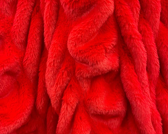 Red Faux fur minky Ripple Chinchilla Soft Fabric BY THE YARD