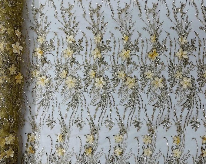 Gold 3d glitter floral embroider with pearls mesh lace scalloped, sold by the yard 54” wide