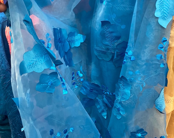 Turquoise rose petals mesh lace scalloped, sold by the yard 54” wide