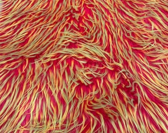 58"  Wide Spike Faux fur yellow orange on red Upholstery Fabric by the yard