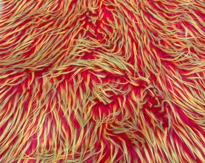 58"  Wide Spike Faux fur yellow orange on red Upholstery Fabric by the yard