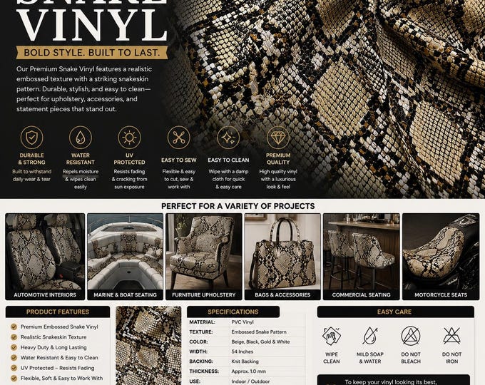 Cream Cobra Snake Embossed vinyl fabric sold by the yard 54” wide