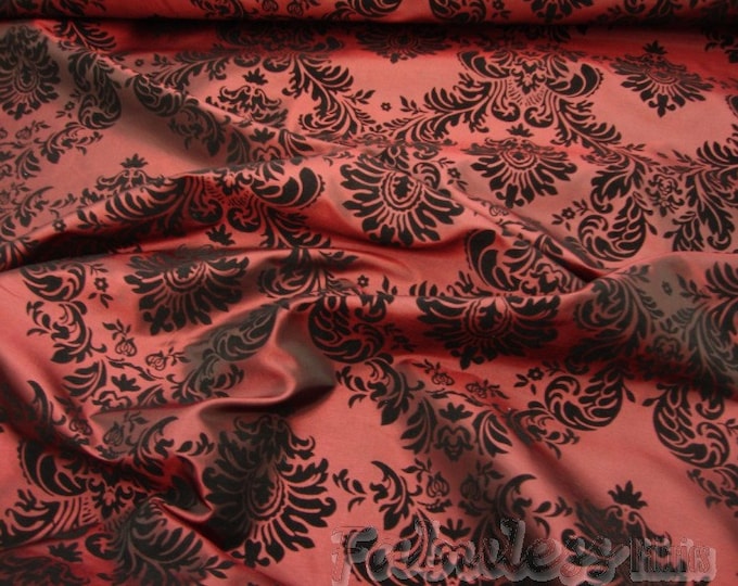 Burgundy Taffeta Black Flocking Damask fabric per yard
