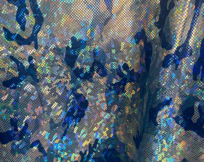 Blue camouflage Broken Glass Spandex Metallic foil Fabric by the yard