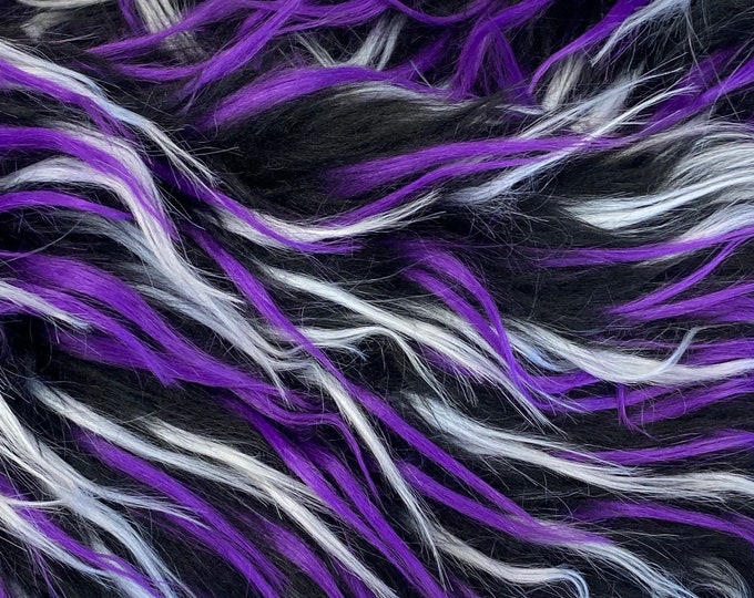 58"  Wide Spike Faux fur white purple on black Upholstery Fabric by the yard