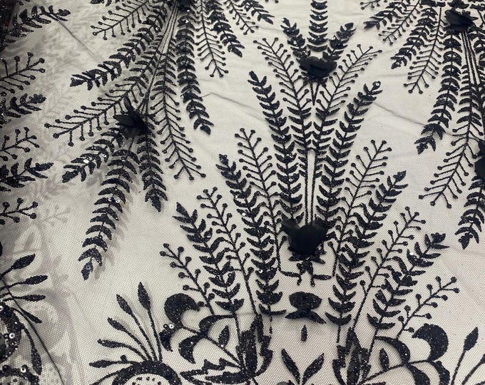 Black Glitter Floral Lace Fabric with 3D Flowers | Embroidered Mesh Tulle Fabric by the Yard for Dresses, Gowns, DIY Crafts & Decor