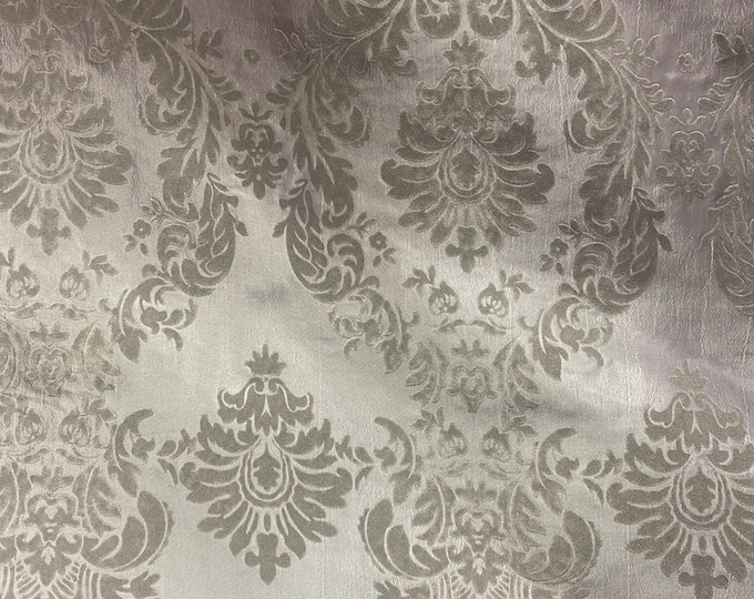 Damask Taffeta flocking gray on silver fabric per yard 60” wide