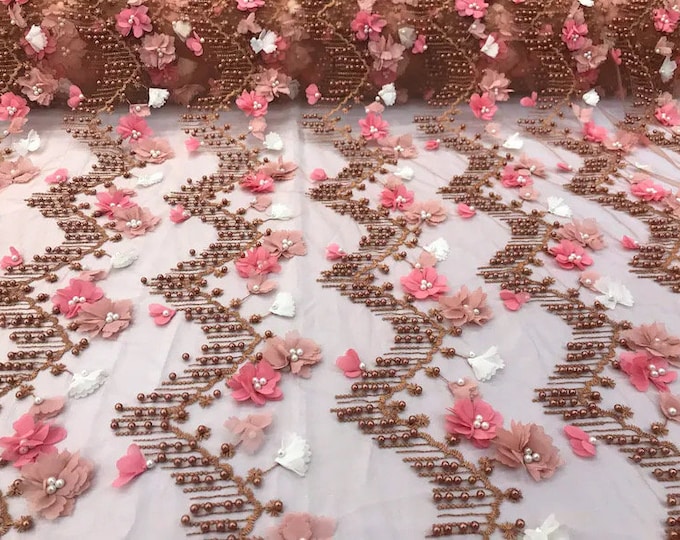 Rust 3d multi color chiffon flowers embroidery with pearls chevron design on a mesh lacescalloped, sold by the yard 54” wide