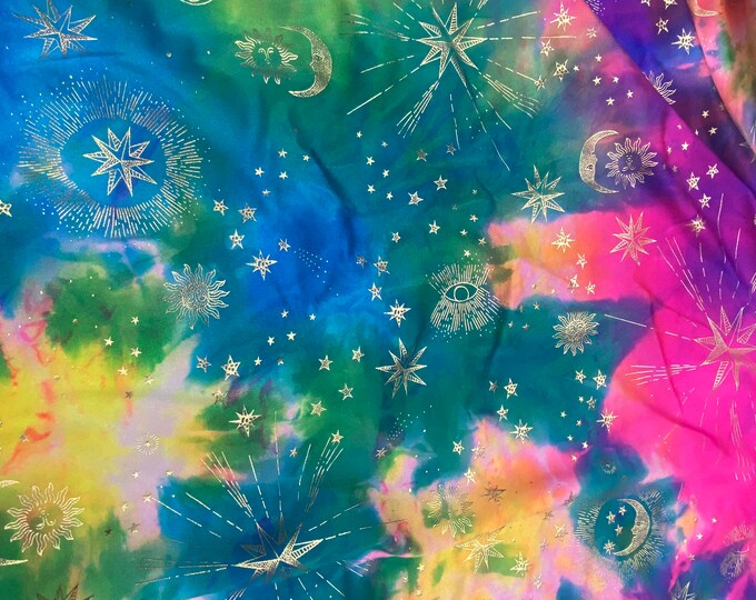 Multi tie dye galaxy foil on black stretch spandex SOLD BY YARD 60 inches wide