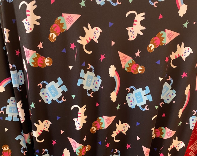 Stretch spandex Mix cupcake robot SOLD BY YARD 60 inches wide