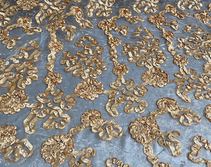 Gold Floral Ribbon Embroidery Tulle Mesh Fabric Perfect for Dresses, Prom, Accessories, Table Design, 50" Wide