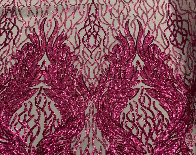 Fuchsia damask sequin on stretch nude mesh fabirc 54” wide