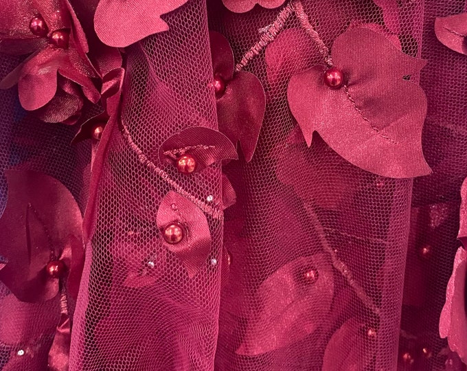 Burgundy 3d floral design ,embroider with pearls mesh lace scalloped, sold by the yard 54” wide