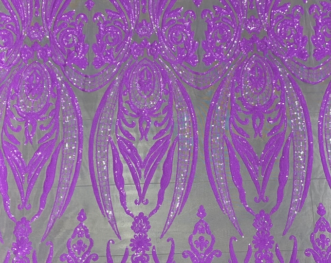 Lilac on lilac mesh Victorian Egg/Tulip, Big Print, Sequin, 4-way Stretch, Fabric 54" wide