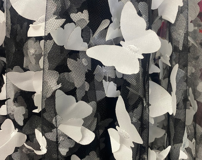 Taffeta white Butterfly on black sheer FABRIC /58" Wide by the yard