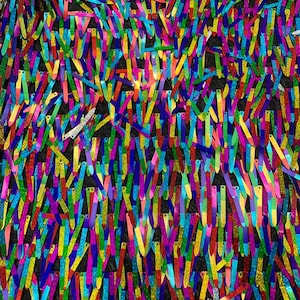 May include: A close-up of a fabric with a rainbow of colors. The fabric is made of sequins that are arranged in a vertical pattern. The sequins are iridescent and reflect light.