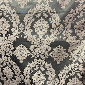 Damask Taffeta beige on black Flocking fabric per yard 60” wide