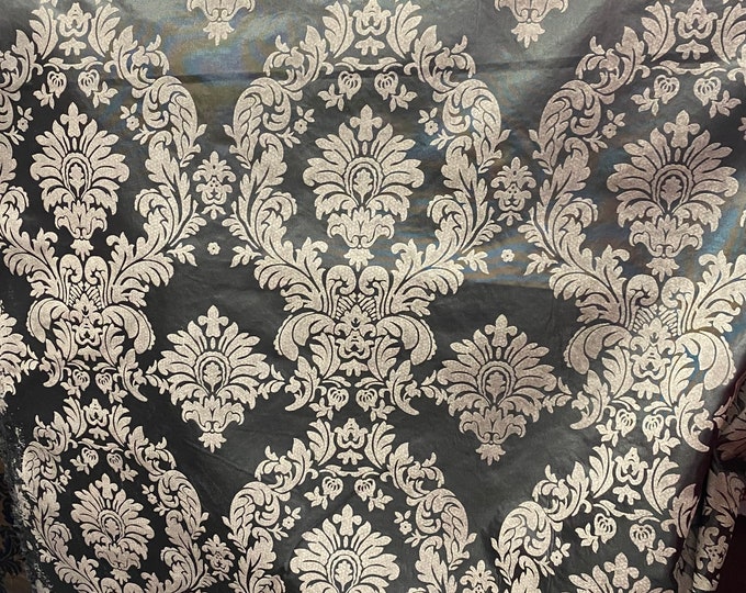 Damask Taffeta beige on black Flocking fabric per yard 60” wide