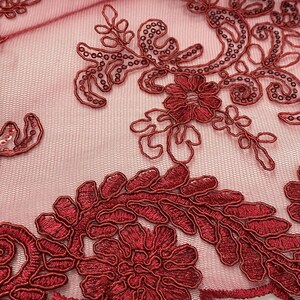 Elena burgundy corded Floral lace with sequin Fabric Sold By The Yard