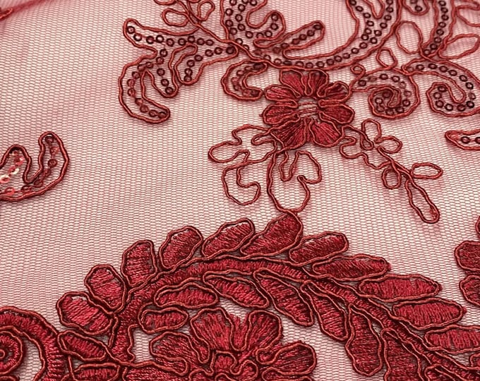 Elena burgundy corded Floral lace with sequin Fabric Sold By The Yard
