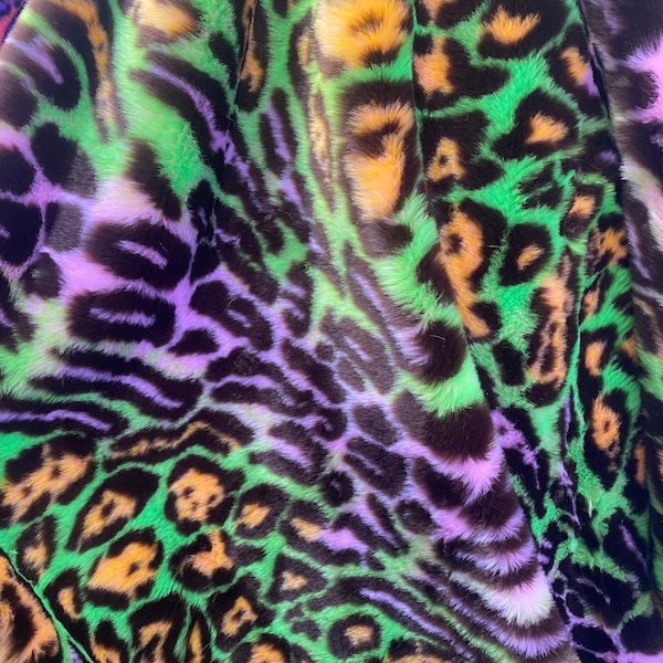 Purple / Green Multi colored Leopard Spotted shaggy short pile faux fur fabric by the yard